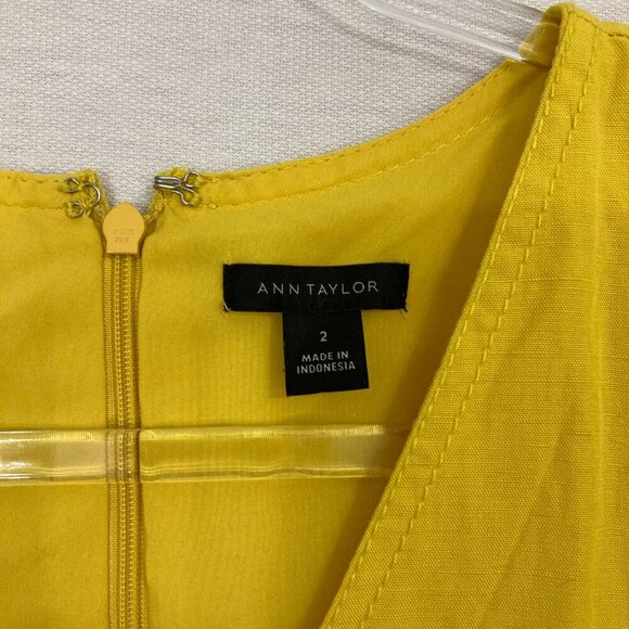 Ann Taylor Yellow V Neck Ruffle Sleeve Linen Lyocell Flare Dress size 2 Preppy - Picture 3 of 12